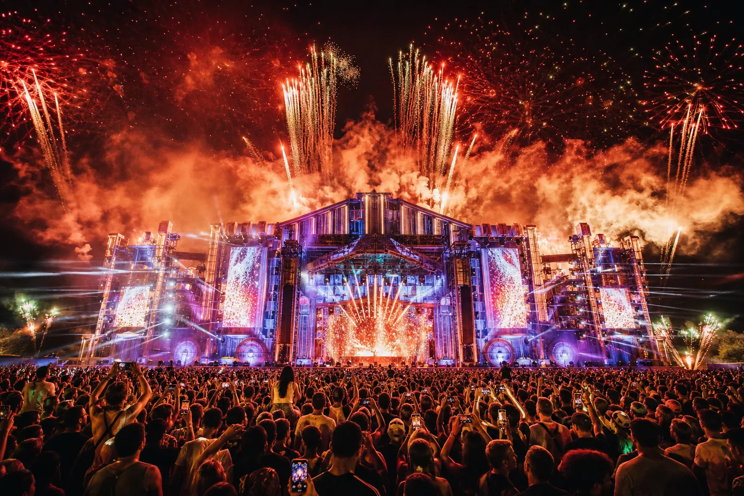 Bühne mit Pyrotechnik und Feuerwerk bei Nacht