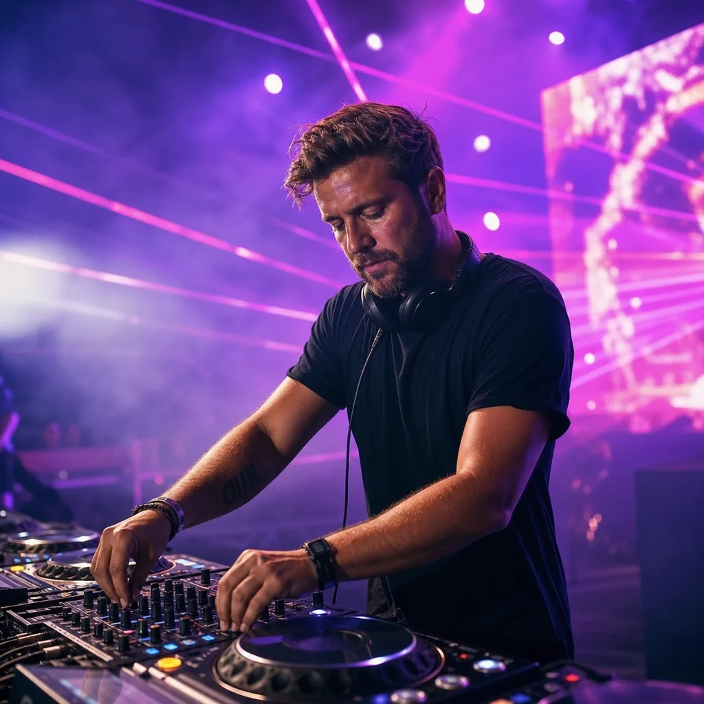 DJ am Mischpult mit Lasershow im Hintergrund